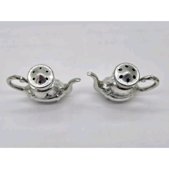 Vintage Miniature Teapot Souvenir Salt & Pepper Shakers Heavy Metal Silver 1.5" - Picture 2 of 8